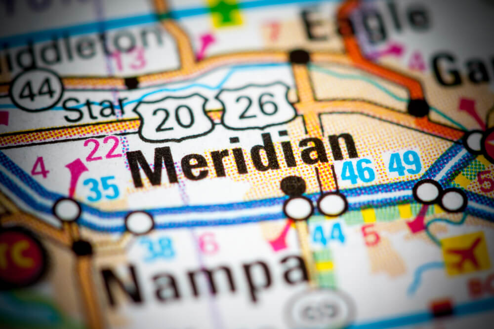 Close-up map showing Meridian, Idaho — representing the area served by our Meridian personal injury lawyers helping accident victims.
