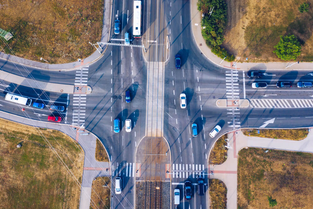 Aerial view of a busy multi-lane intersection similar to high-risk crash areas in Meridian, Idaho.