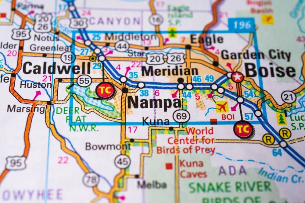 Map highlighting Nampa, Idaho and nearby cities, showing the area served by our Nampa personal injury lawyers.