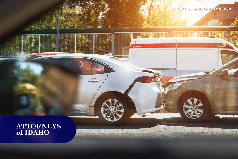Rear-end car accident in Idaho with damaged vehicles after a collision